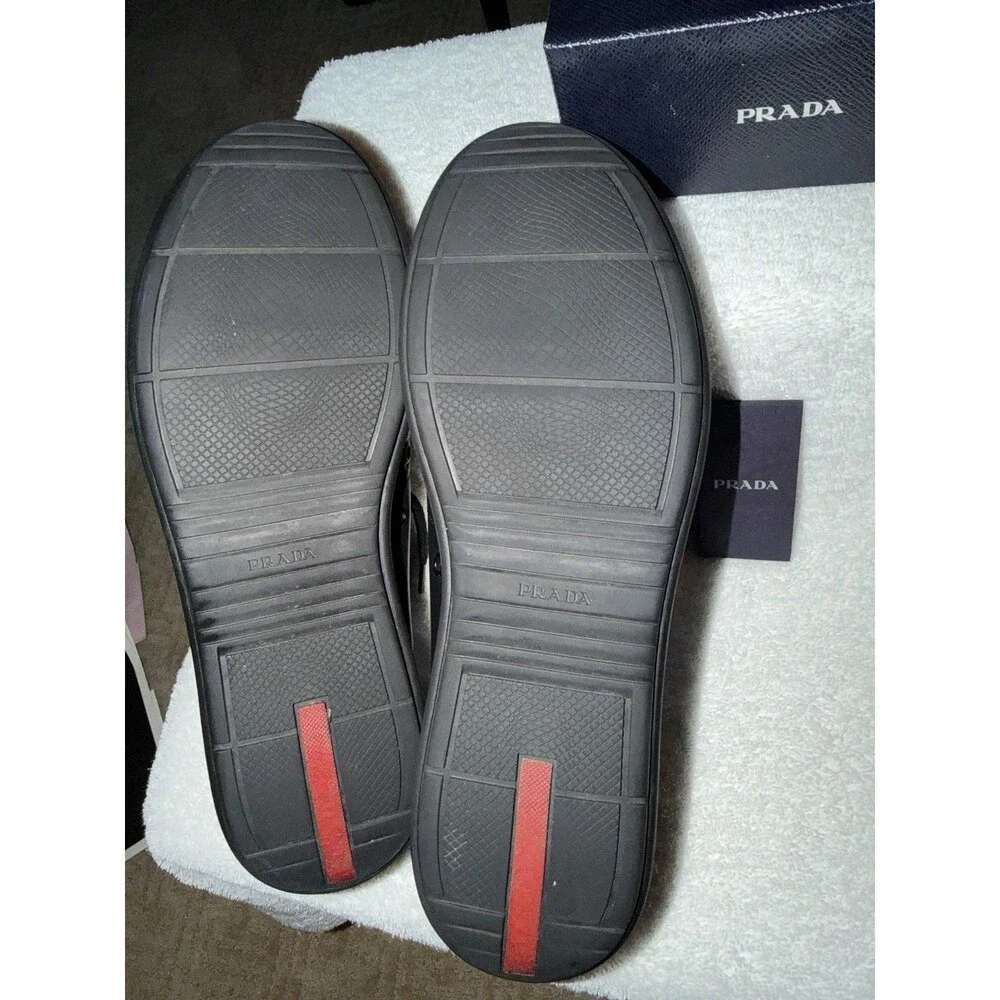PRADA Men's Leather Lace-Up Sneaker Black/Red Stripe EU 42 US 9 4E3256